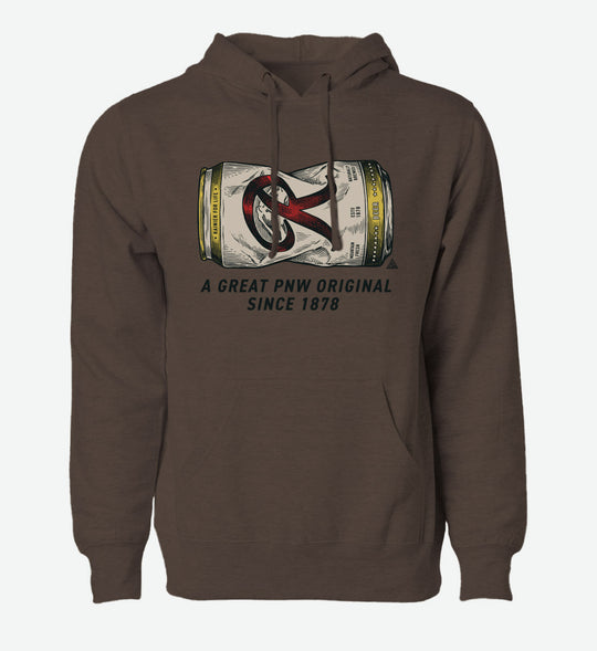 Brown pullover hoodie by The Great PNW featuring a vintage graphic of a crushed Rainier Beer can with the text "A Great PNW Original Since 1878" below it.