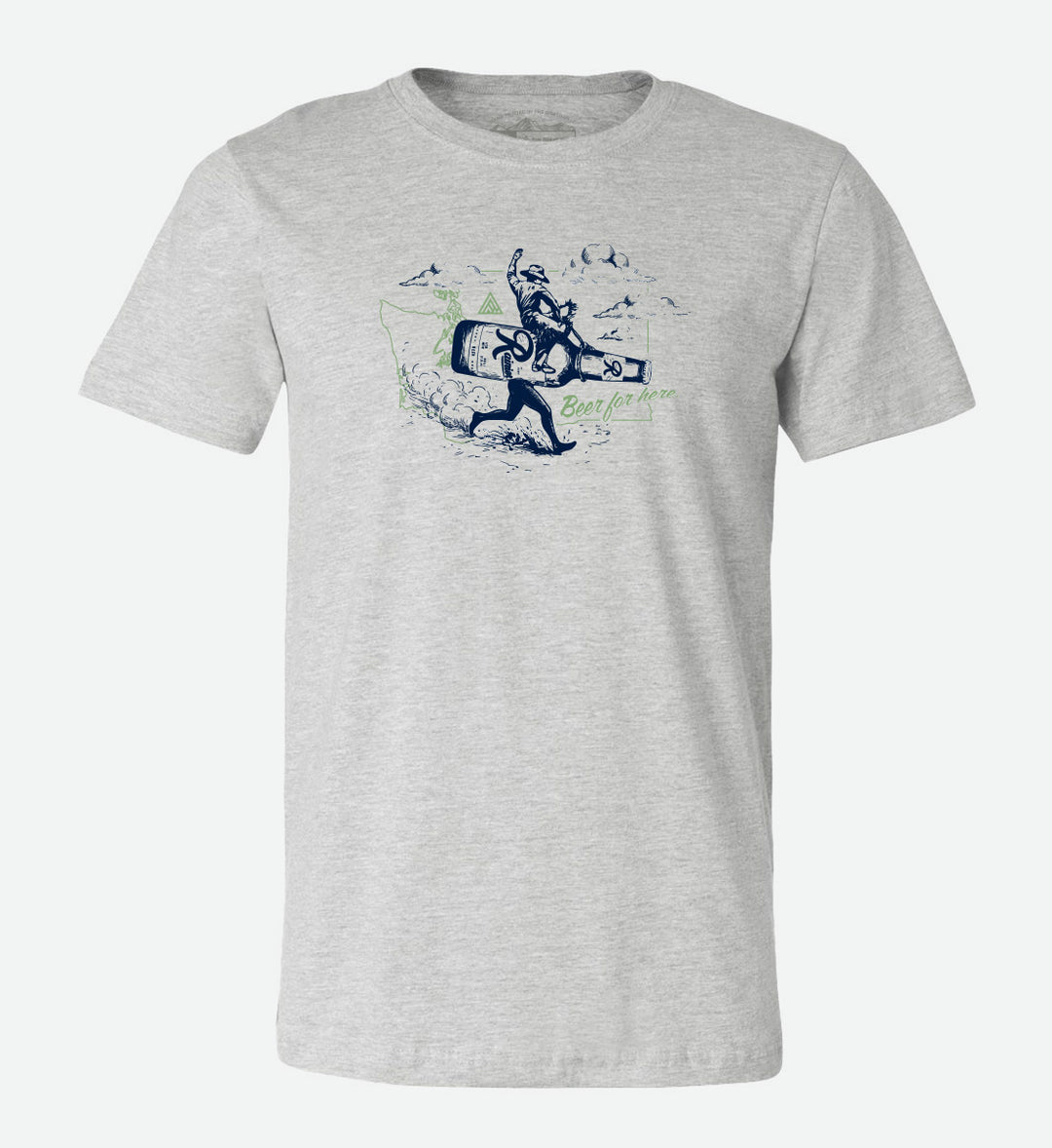 Heather grey t-shirt by The Great PNW featuring a vintage navy blue graphic of a cowboy riding a giant running Rainier Beer bottle. The design includes a light green outline of Washington state in the background and the text "Beer for here." written in green cursive.