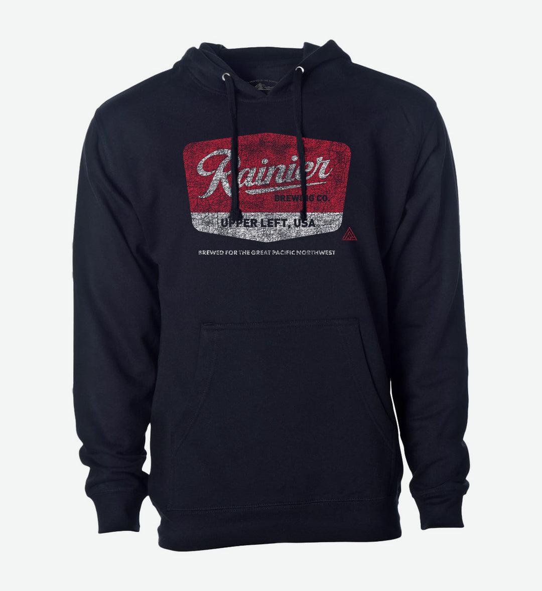Navy pullover hoodie by The Great PNW featuring a distressed red and white vintage graphic that reads "Rainier Brewing Co." and "Upper Left, USA" with the text "Brewed for the Great Pacific Northwest" printed below it.