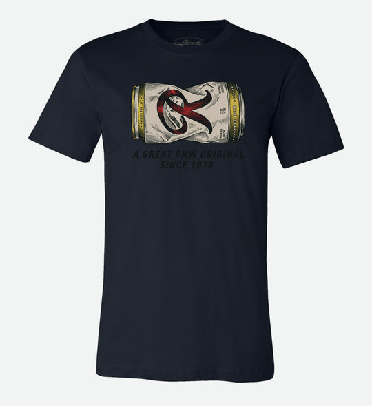 Navy blue t-shirt by The Great PNW featuring a vintage graphic of a crushed Rainier Beer can with the text "A Great PNW Original Since 1878" below it.