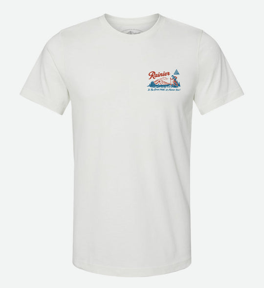 Back of a white t-shirt by The Great PNW featuring a retro red and blue graphic. The design includes an outline of Washington state, a Rainier Beer bottle and can, a deer, outdoor lifestyle scenes, Mt. Rainier, the word "Rainier" in script, and the text "In The Great PNW, it's Rainier Beer!".