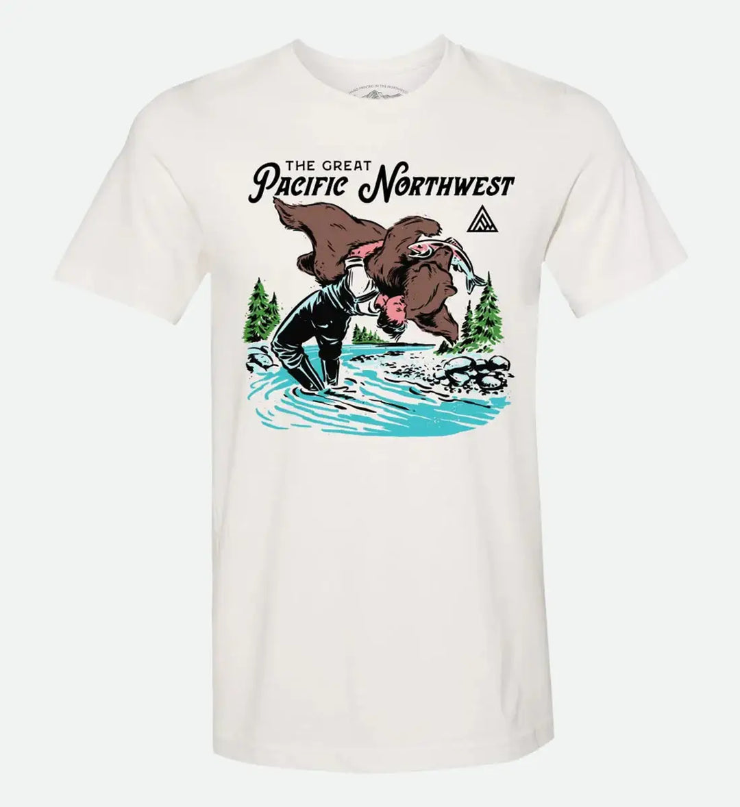 White Suplex Tee by The Great PNW featuring a graphic of a man in a river suplexing a brown bear holding a fish.
